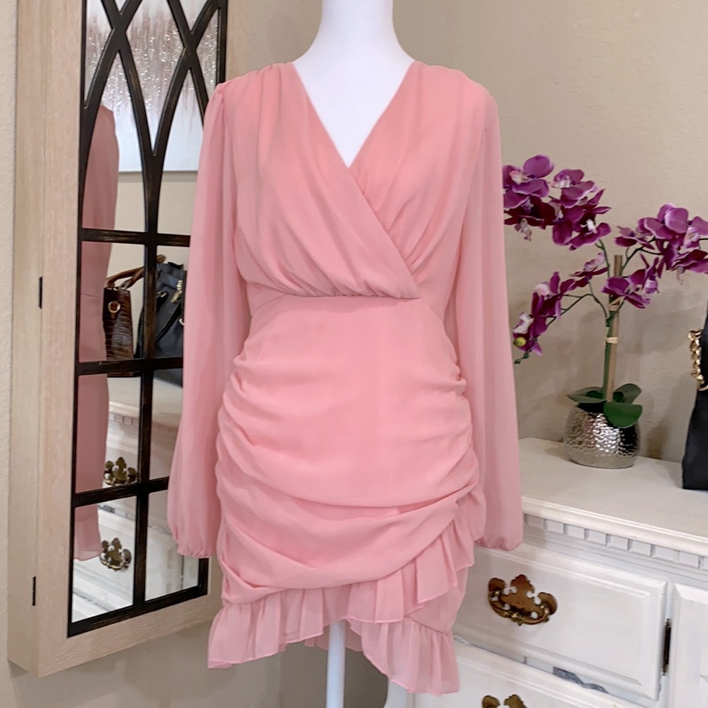 Pink Ruched Ruffle Dress